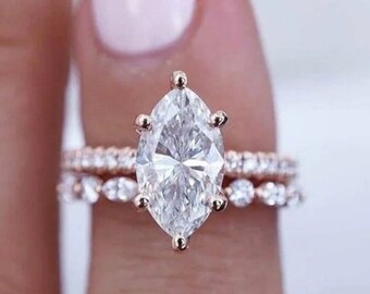 Bridal Wedding Ring Set, Hidden Halo Diamond Simulant Ring, 1.5 CT Marquise Cut Moissanite Engagement Ring Set, Full Eternity Stacking Band