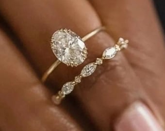 Conjunto de anillos de boda Moissanite de corte ovalado, anillos de compromiso de solitario, banda de boda de apilamiento de eternidad completa, conjunto de anillos de boda nupcial de corte ovalado