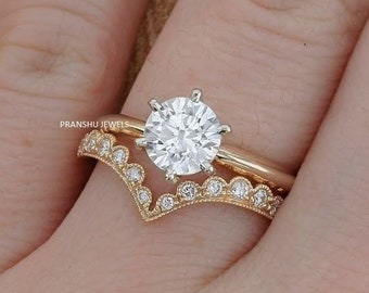Juego de anillo de boda moissanita de corte redondo, anillo de compromiso solitario, anillo de oro de 10K / 14K / 18K, estilo vintage Art Deco Curved V Miligrain Band
