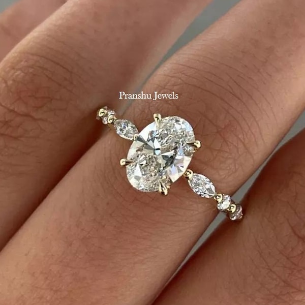 Oval Cut Moissanite Engagement Ring Women, Solitaire With Accents 14K Solid Gold Rings, Oval Cut Bridal Wedding Ring Set, Promise Ring Women