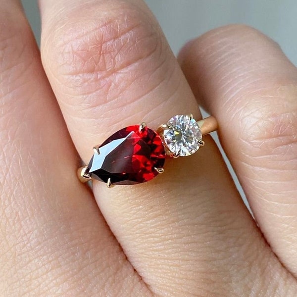 Toi Et Moi Engagement Ring, Round & Pear Cut Ring, Red Garnet And Round Cz Two Stone Silver Ring, You and Me Ring, Anniversary Gift For Her