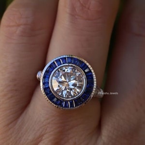 Sapphire Halo Engagement Ring, Vintage Round Moissanite Wedding Ring, Antique Bezel Set Ring, Estate Jewelry, 1930s Victorian Retro Ring