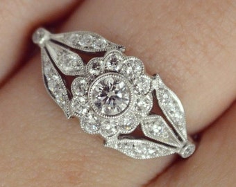 Art Deco Round Moissanite Engagement Ring, Vintage Style Nature Inspired Bezel Set Halo Wedding Ring, Antique Milgrain Ring, Gift For Her