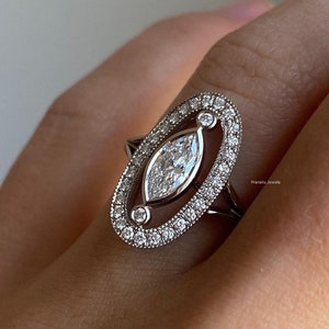 Three Stone Moissanite Ring, 3 Stone Bezel Set Halo Engagement Ring, Dinner Ring, Long Statement Ring, Art Deco Anniversary Gift For Her