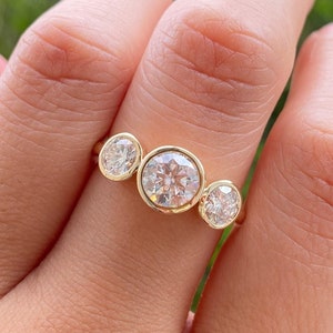 Three Stone Engagement Ring, Round Moissanite Bezel Set Wedding Ring For Women's, 3 Stone Diamond Simulant Anniversary Ring In 925 Silver