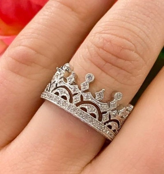 925 Sterling Silver Promise Ring Trendy Crown Design Paved - Temu