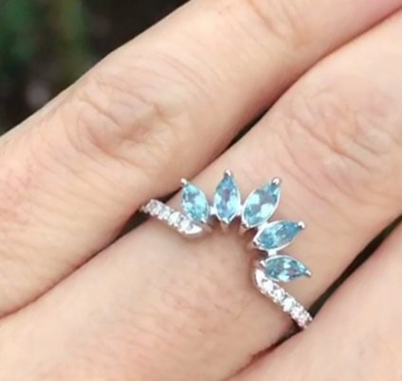 Curved Tiara Crown Wedding Band Tiara Ring Aquamarine Marquise