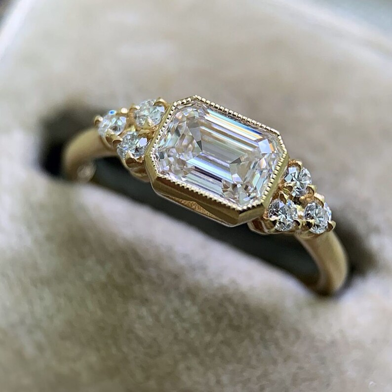 Emerald Cut Moissanite Engagement Ring Seven Stone Art Deco - Etsy
