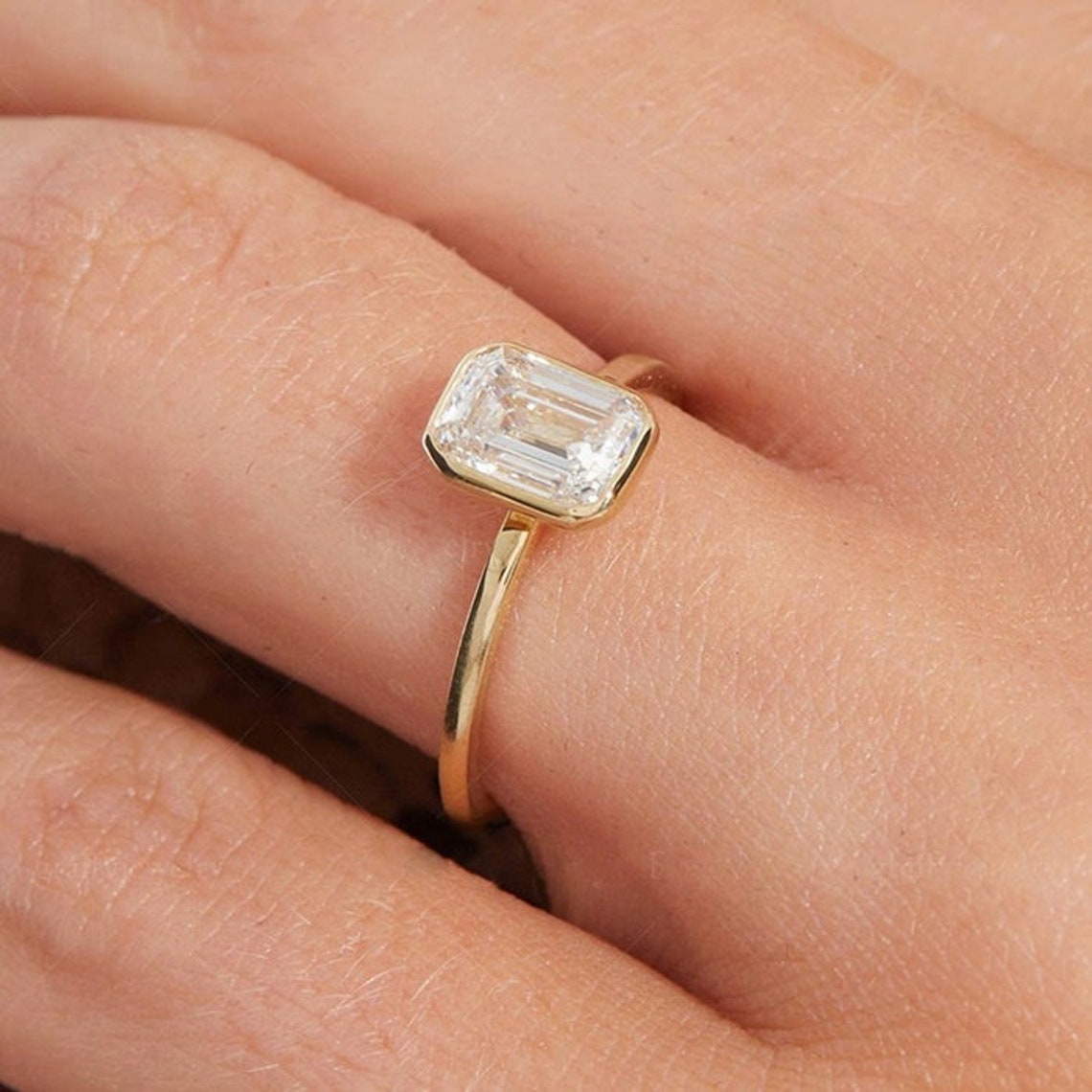 Emerald Cut Solitaire Engagement Rings Bezel Set Diamond Etsy
