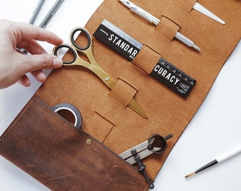 Leather Pen Roll / Mast Brown / Genuine Leather Pencil-Pen-Brush Roll / Pencil -Brush Wrap