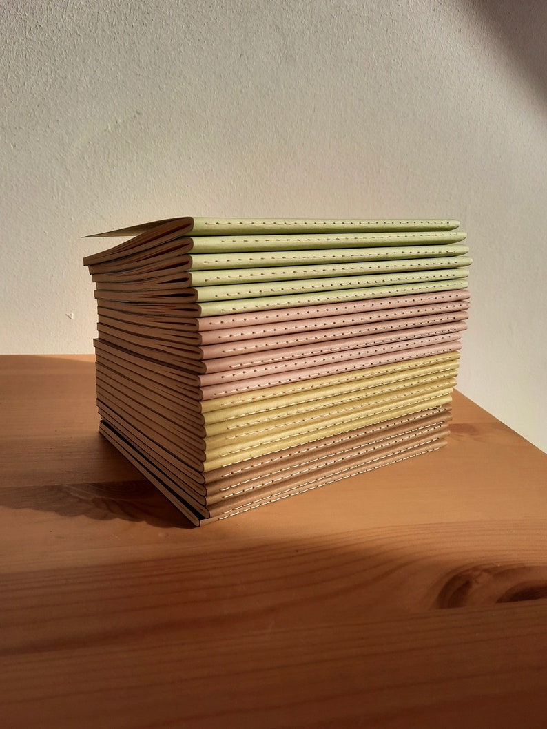 May include: A stack of notebooks with light green and pink covers. The covers have a dotted pattern and are stitched together.