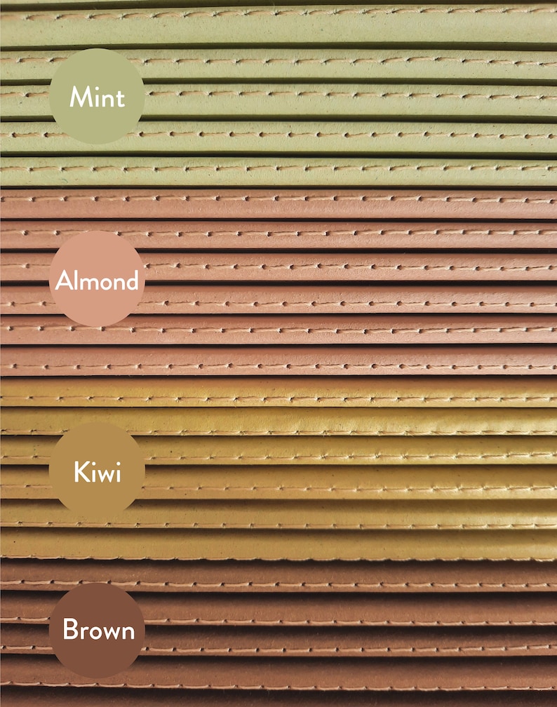May include: Close-up of four different colored notebooks with stitched edges. The colors are mint, almond, kiwi, and brown.