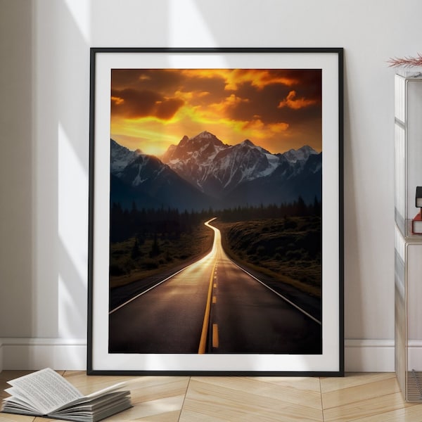 Majestic Mountain Sunset Road Digital Wall Art, Scenic Landscape Photo Print, Nature Inspired Home Decor, Vibrant High-Resolution Image