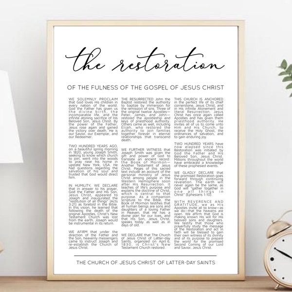 The Restoration Proclamation Digital Download, The Restoration Of The Fulness Of The Gospel Of Jesus Christ, LDS Quotes, LDS Home Decor