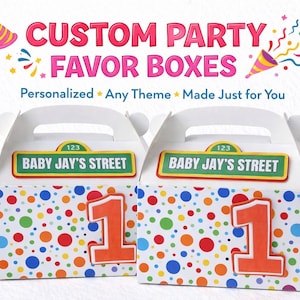 May include: Two white party favor boxes with handles. The boxes have colorful polka dots and the number 1 in orange. Each box has a green sign that reads "BABY JAY'S STREET". The text "CUSTOM PARTY FAVOR BOXES" is at the top.