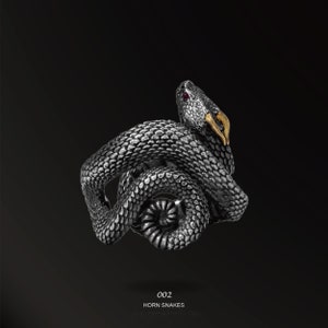Personalized Handmade Silver Ring,Unique Horn&Scaly Skinned Snake Design,Silver/18K Gold,Genuine Ruby Eyes,Highly detailed Statement Jewelry
