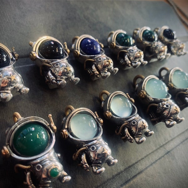 Crystal/Achat/Lapis lazuli/Malachit/Tigerauge,925 Silber Halskette Anhänger Astronaut,Handgemachter Schmuck,Bewegliche Maske/Arme