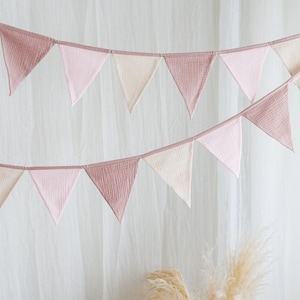 Bomullsflaggor för barnrum, Girlangväggdekoration, Flaggspärr, Spärrbanderoll, Barnrum, Triangulära flaggor för babyrum, Heminredning rosa