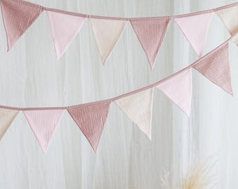 Katoenen vlaggen voor kinderkamer, wanddecoratie slinger, vlaggengors, vlaggenslinger, kinderkamer, driehoekige vlaggen voor babykamer, woondecoratie roze
