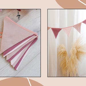 May include: A pink and beige fabric bunting with triangular flags. The bunting is hanging in front of a white curtain with a bouquet of dried pampas grass in the foreground.