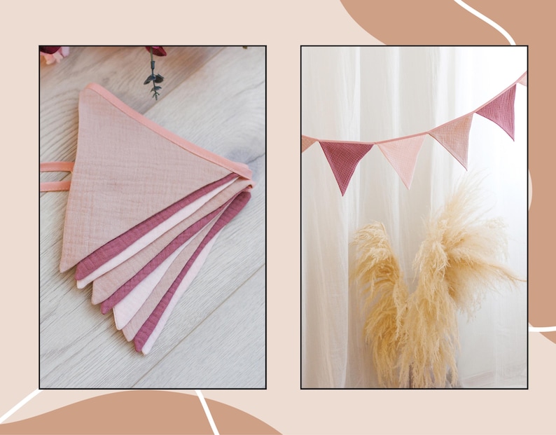May include: A pink and beige fabric bunting with triangular flags. The bunting is hanging in front of a white curtain with a bouquet of dried pampas grass in the foreground.