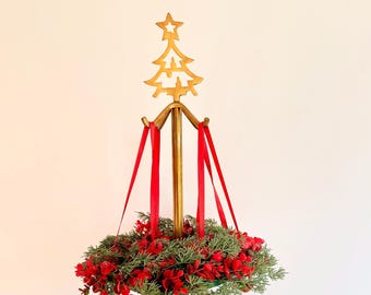 Tall Vintage Brass Advent Wreath Stand for Christmas Golden Mid Century Holiday Decor Retro Advent Holder Brass Hooks