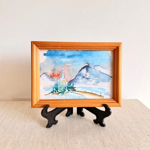 Piccolo dipinto ad acquerello vintage, rilassante, dipinto in stile country, piccolo quadro incorniciato, arte autentica