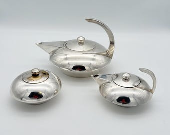 Silver-Plated Vintage Tea Set Bauhaus Escapade Design Teapot Creamer & Sugar Bowl Heavy Silver Tea Service Retro Silverware