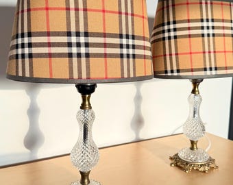 Antique Crystal Table Lamps Set of 2 Vintage Brass Regency Bedside Lamps with Plaid Shades Hollywood Glam Lighting