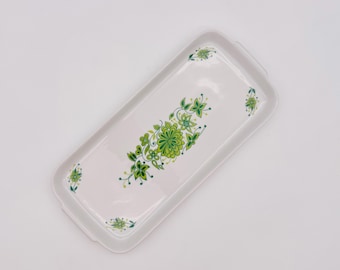Vintage H&G Heinrich Selb Bavaria Cake Platter 1960s Porcelain Serving Plate Green Floral Mid Century