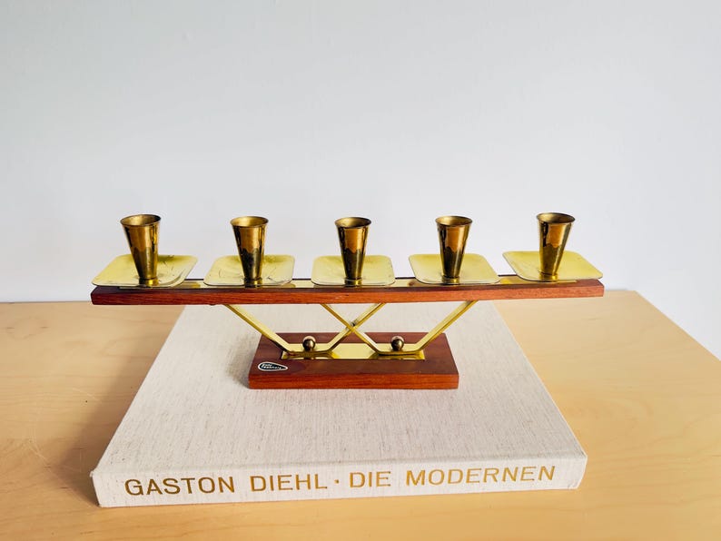 Danish Design Vintage MCM Candle Holder Teak & Brass Candlestick Mid ...