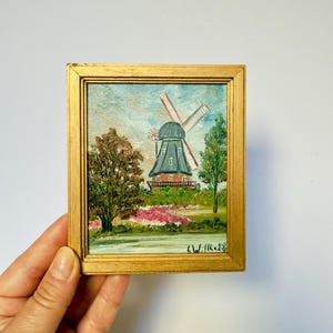 Mini pintura a óleo "Bremer Mühle" em moldura dourada Pintura de paisagem atmosférica de G. Wilke Arte de parede vintage Imagem pequena Arte em miniatura