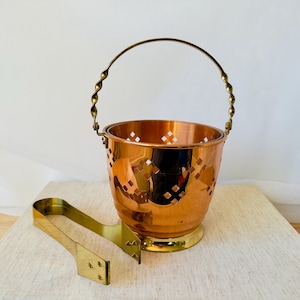 Vintage Copper Ice Bucket with Glass Insert & Brass Tongs Mid Century 1970s Barware Retro Ice Pail Copper Gold Bar Accessory Decor