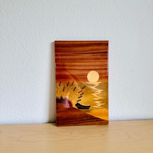 Unique Vintage Wood Marquetry Picture – Artwork in Good Condition | Artful Marquetry Work | Rustic Vintage Artwork | Mid Century Wood Art