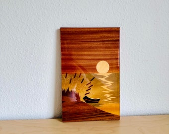 Œuvre d'art vintage unique en marqueterie, art sur bois, travail artistique de marqueterie, œuvre d'art vintage rustique, décoration du milieu du siècle