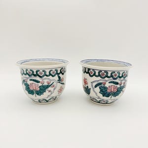 Vintage Chinoiserie Planters Set of 2 Porcelain Asian Plant Pots Pastel Floral Grandmillennial Decor