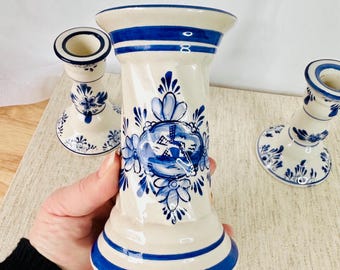 Classic Blue-white Vintage Candle Holders | Set of 3 Retro Delft