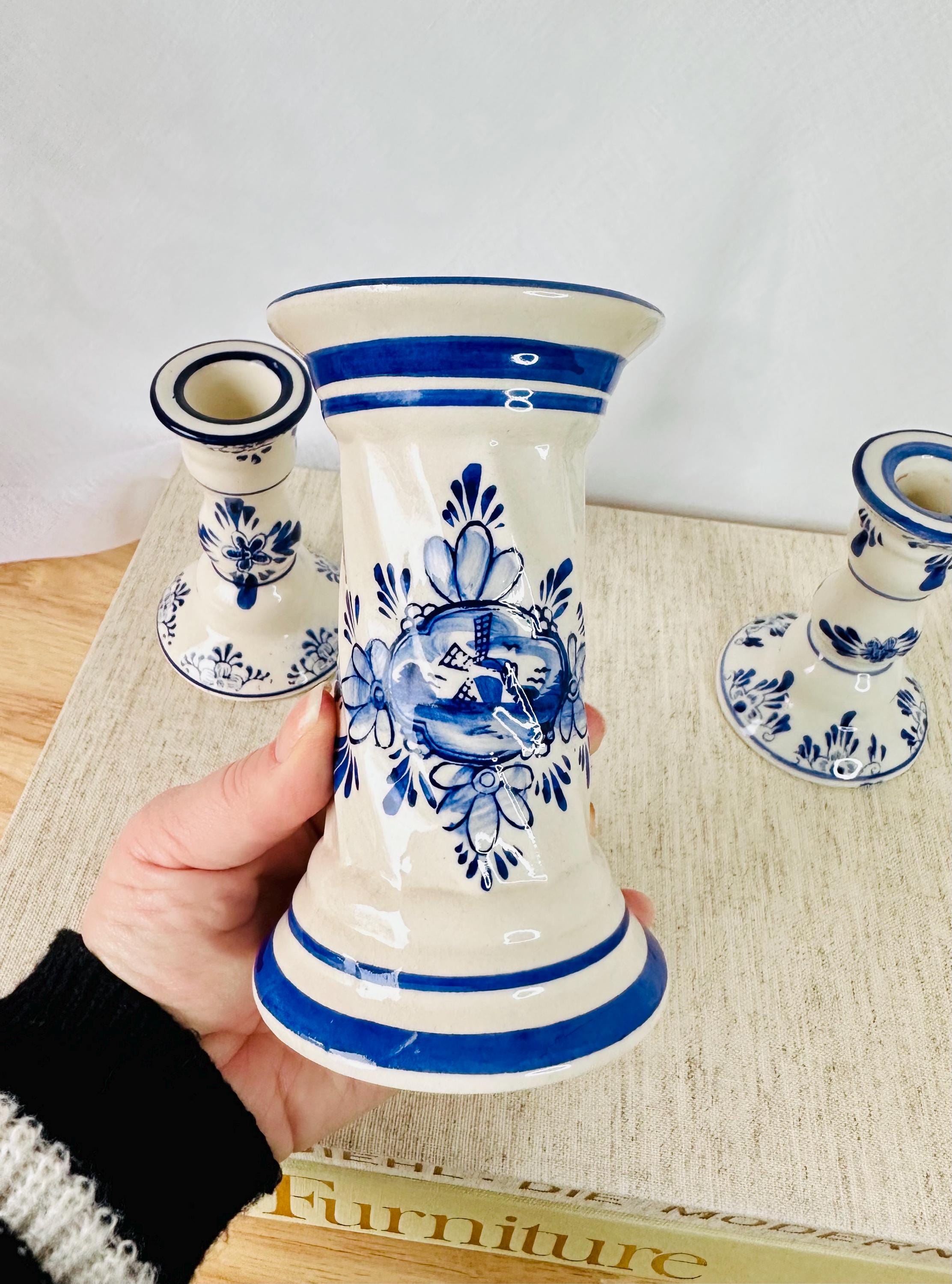 クラシックなブルーとホワイトのヴィンテージキャンドルホルダー（3個