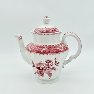Vintage Spode roze Camilla theepot, Engeland jaren 1930, rood-wit keramisch theeservies in landelijke Victoriaanse stijl.
