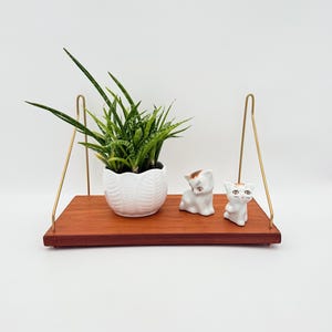 May include: A small, wooden shelf with brass-colored hanging supports. The shelf holds a potted snake plant in a white, textured pot and two small ceramic cat figurines. The shelf is a warm, reddish-brown color.