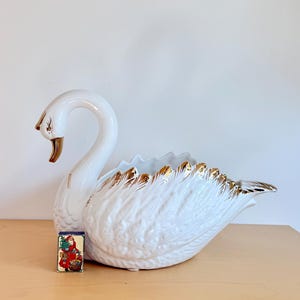 XXL Vintage Swan Planter Ceramic White Gold Large 1980s Decor Made in Italy