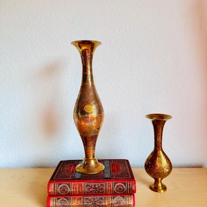 Vintage 2-Piece Brass Vase Set – Handcrafted in India (Boho/Mid Century Style) | Eclectic Home Accessories | Floral Etched Vases