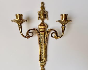 Antique Brass Wall Candle Holder 1920s 1930s Double Arm Sconce Neoclassical Victorian Taper Candle Holder