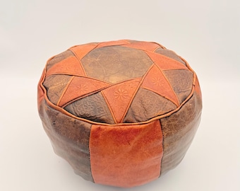Small Vintage Leather Pouf Round Brown Yoga Stool Boho Retro Ottoman Handmade 1970s Leather Seat