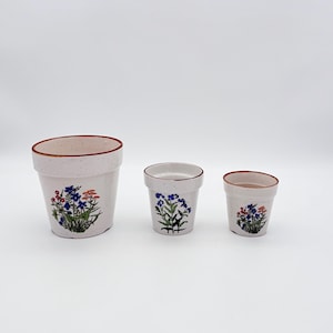Könnte beinhalten: Drei unterschiedlich große Blumentöpfe aus Keramik. Die Töpfe sind cremefarben mit einer gesprenkelten Textur und einem braunen Rand. Jeder Topf hat ein Blumendesign mit blauen, roten und orangen Blumen. Geeignet für Pflanzen.