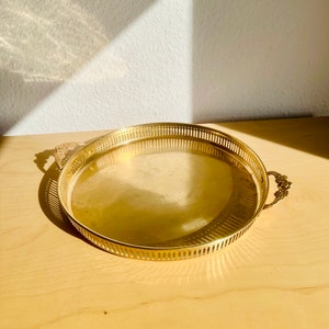Elegant Antique Art Nouveau Brass Tray | Gold Vintage Tray | Round Decorative Retro Plate with Light Patina | Handmade Brass Decor