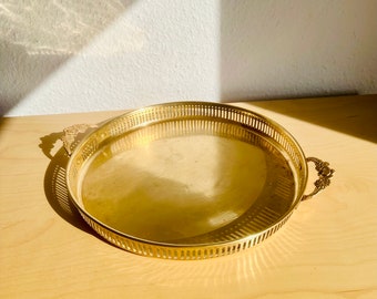 Elegant Antique Art Nouveau Brass Tray | Gold Vintage Tray | Round Decorative Retro Plate with Light Patina | Handmade Brass Decor