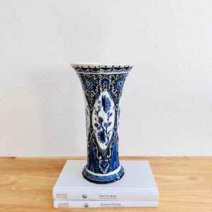Vintage Delft Trumpet Vase by Petrus Regout Maastricht Hand Painted Dutch Blue & White Ceramic 1960s