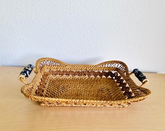 Large Vintage Rattan Basket with Ceramic Handles - Unique Piece in French Country Style | Basket Casserole Dish with Blue -White Handles
