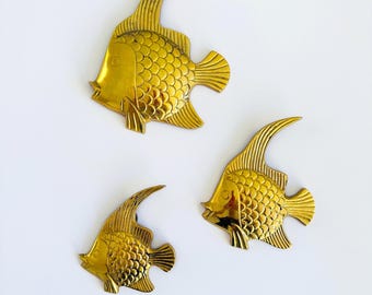 Vintage messing wandvissen, 3-delige set, wanddecoratie in mid-century stijl, gouden vissen, retro nautische wandkunst